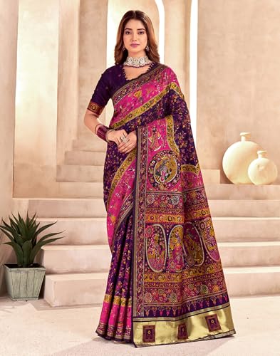 Image of SIRIL Women's Silk Kashmiri Minakari Jacquard Saree With Unstitched Blouse Piece