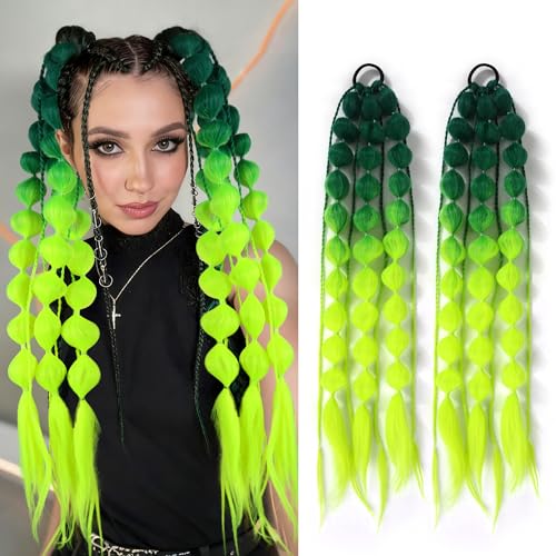 2PCS Colorful Synthetic Bubble Ponytail Extensions,24inches Braided Hair Extensions, Festival Rave Accessories for Girls Crazy Hair Day (Ombre Dark Green to Fluorescent Green)