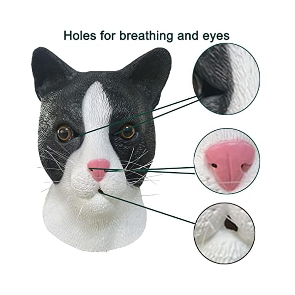 Reneecho cute cat mask, realistic animal head mask halloween funny black and white cat costume accessory - image 6