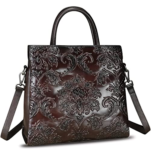 Genuine Leather Satchel For Women Top Handle Handbag Handmade Embossed Vintage Satchel Retro Crossbody Handbags Purse Hobo Bag (Coffee) #TOP1