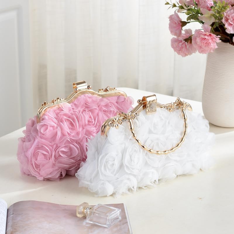 Floral Lace Evening Clutch Purse, Rose Wedding Handbag with Chain Strap, Bridesmaid Dress Bag