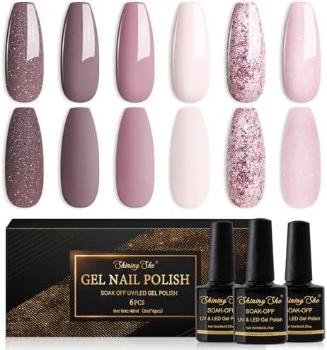 Shining She Nail Gel Polish, 6 Colours Pink Purple Taupe Glitter Gel Polish Set Soak-Off UV/LED Nail Polish Gel Manicure Gift for Nail Art Salon DIY Home, 8ML