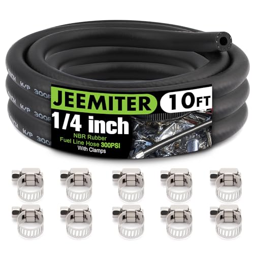 Image of Jeemiter 1 /4 inch ID Fuel Line Hose 10FT - SAE 30R7 NBR Rubber Kit with 10 Clamps - for Lawn Mower, Generator, Car, Boat - Gas, Oil & Diesel Resistant