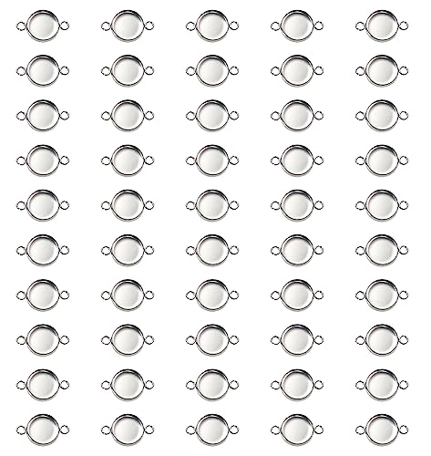 Shapenty 50PCS Stainless Steel Round Bezel Blank Links Pendant Tray Connectors with Double Loops for Earrings Bracelet Necklace Keychain DIY Craft Resin Glass Cabochon Jewelry Making Project (12mm)