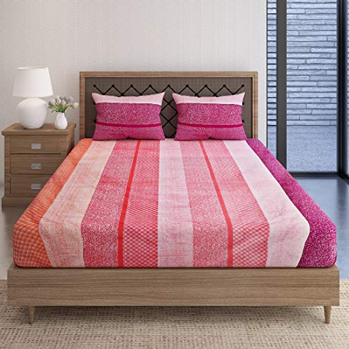 Image of Swayam Pure Cotton Double Bedsheet with 2 Pillow Covers | Size 90 x 100 inch | 160 TC | Striped Design | Soft Breathable Bed Sheet | Comfortable & Durable for Bedroom - Red