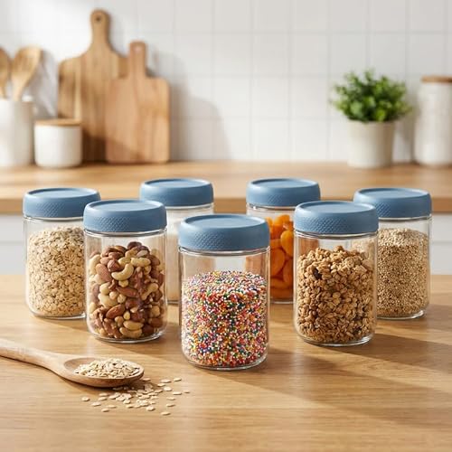 Image of Rioware Storage Glass Jar, Set of 6, 500 ml Each, Transparent, BPA Free, Storage Jar, Kitchen Organizer Modular, Multipurpose Cookies Jar,Blue