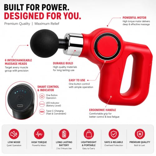 Image of Muscle Drago Massage Gun for Pain Relief & Muscle Recovery | Deep Tissue Percussion Massager with 6 Massage Heads, USB Rechargeable, Quiet Motor, Portable Handheld Body Massager for Neck, Back, Shoulder & Legs