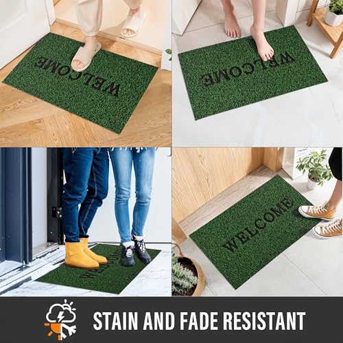 Image of Kuber Industries Pack of 4 Anti-Slip Welcome Print Grass Door Mats for Home| (16x24 Inch) Main Entrance Footmats for Bathroom, Living Room & Office | Grass Cut -Red & Green