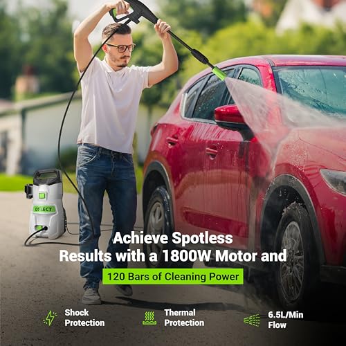 Image of DYLECT Ultra Flow Star High Pressure Car Washer Pump, 1800 Watts Motor, 120 Bars Pressure, 6.5L /Min Flow Rate, 5m Outlet Hose,Upright Design for Bike,Home Cleaning Purpose with 11 Accessories
