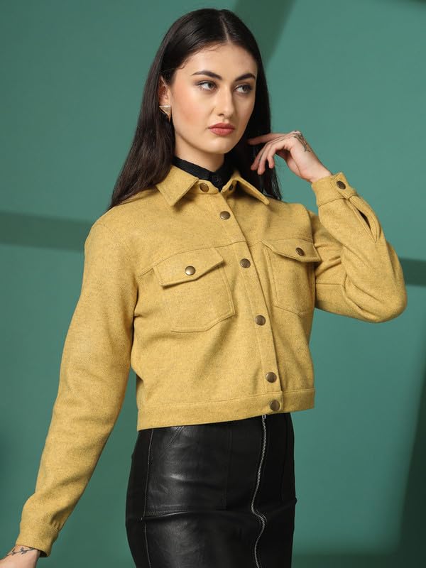 Image of CHKOKKO Solid Crop Jackets for Women stylish latest Long Sleeve Stylish Winter Shirt Jacket Casual Outerwear for Office