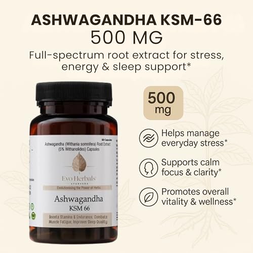Image of Ashwagandha KSM-66 500 mg Capsules | 60 Veg Caps | Full-Spectrum Root Extract | Calm Focus, Sleep Support, Energy & Vitality | Ayurvedic Adaptogen | Made in India | Evo Herbals
