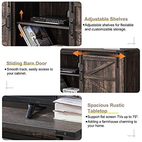 Okd Farmhouse Tv Stand For 75 Inch Tv With Sliding Barn Door, Rustic Wood Entertainment Center Large Media Console Cabinet Long Television Stands For 70 Inch Tvs, Dark Rustic Oak #TOP1