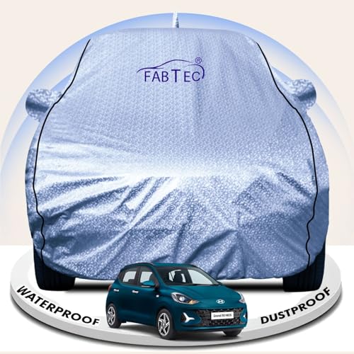 Image of FABTEC Metallic Silver Waterproof Car Body Cover for Hyundai Grand I10 Nios Sun, UV and Dust Protection with Mirror and Antenna Pocket (Reflective Silver with Black Piping)