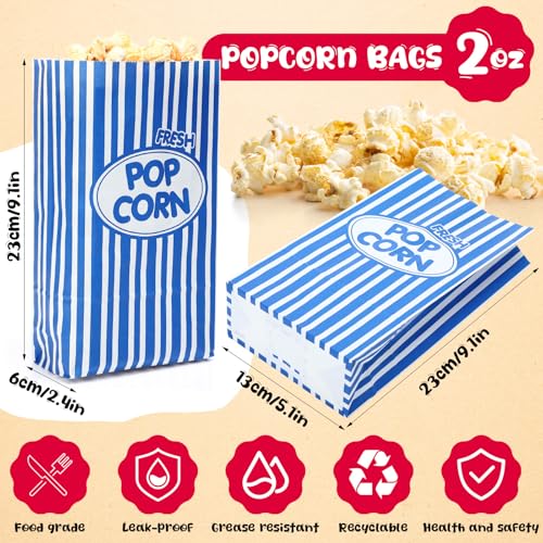 Image of Potchen 300 Pcs Paper Popcorn Bags Bulk 2 oz Large Individual Serving Popcorn Bag Flat Bottom Disposable Container Vintage for Movie Night Themed Summer Back to School Party Carnival (Dark Blue)