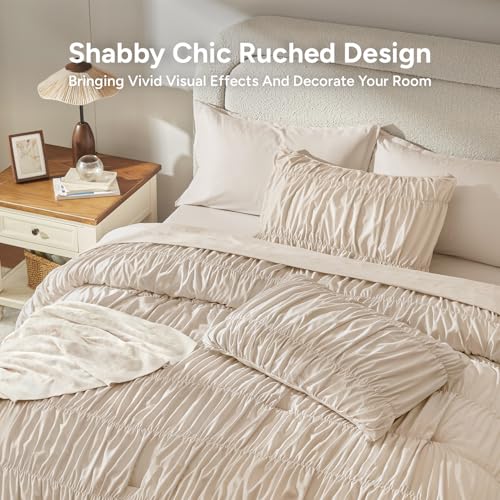 Image of Andency Ruched Full Size Comforter Sets Beige, 7 Pieces Ruffle Bed Set in a Bag, Shabby Chic Pleat Bedding Set with Comforter, Sheets, Pillowcase & Sham, Lightweight, Soft, All Season
