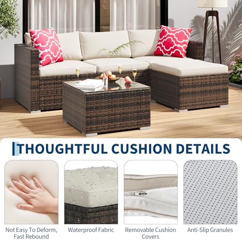Image of GAOMON 5 Pieces Patio Furniture Sets All Weather Outdoor Sectional Patio Sofa Manual Weaving Wicker Rattan Patio Seating Sofas with Cushion and Glass Table