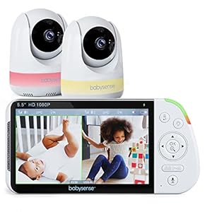 Babysense Moniteur Bébé 5.5” HD 1080p Écran Partagé, Vidéo avec Caméra et Audio, Deux Caméras PTZ, Veilleuse RGB, Portée 300m, Audio Bidirectionnel, Zoom 4X, Batterie 5000mAh