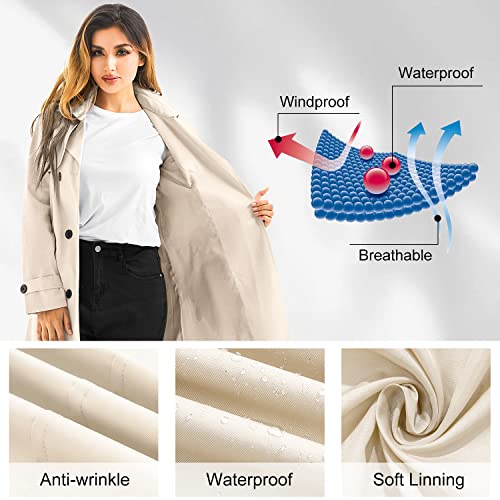 Garemcy Women's Long Waterproof Trench Coat Double Breasted Classic Lapel Coat Belted with Detachable Hood, Beige, L - Image 6