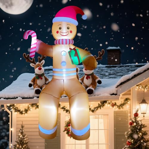 10ft Giant Seated Gingerbread Man Inflatable Decor Build-in LED Blow up Christmas Outdoor Holiday Decoration for for Yard,Lawn,Balcony, Roof, Photo Prop