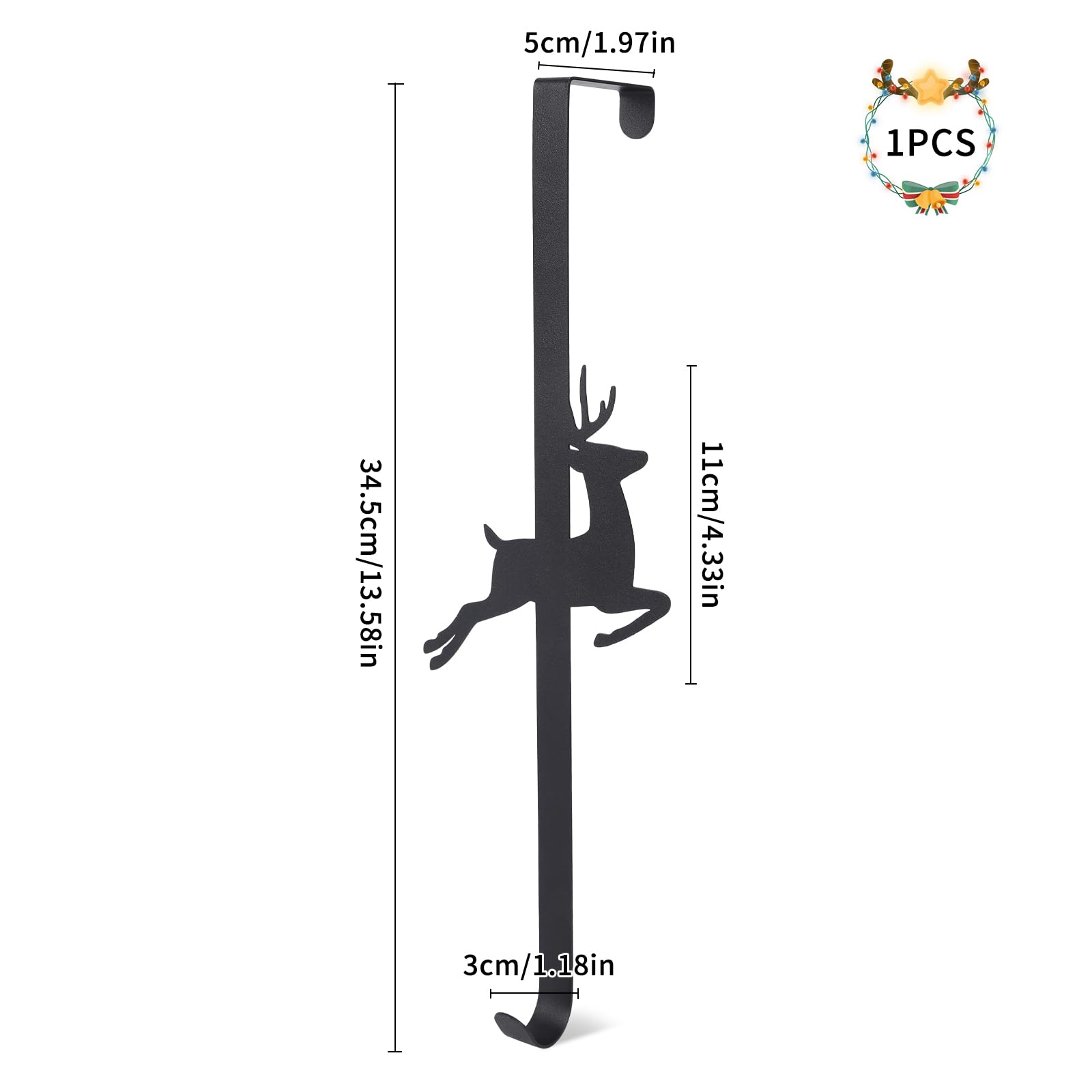 Gancio Per Ghirlanda Di Natale A Forma Di Alce – Nero, Metallo Resistente – Appendiabiti Per Porta D'Ingresso O Parete – 34x13,5 Cm