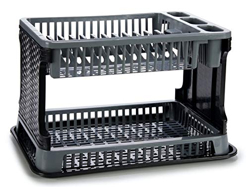 TIENDA EURASIA® - Égouttoir à vaisselle en plastique, 2 hauteurs avec plateau - Texture rotin - Grande capacité et résistance, 30,3 x 8,5 x 44,5 cm (gris)
