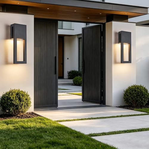 Image of 2-Pack Outdoor LED Lights Dimmable, 3000K Integrated LED 2x10W, 15 inch Modern Textured Black Outdoor Wall Sconce, IP65 Waterproof, Exterior Wall Light for Entrance, Hallway, Garage, Porch