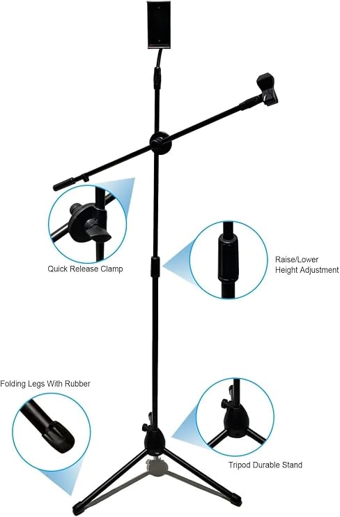 Coverzone 190cm Maksimum Uzunluk Mikrofon Standı Multi Fonksiyonel 2in1 Mikrofon ve Tablet Stand Katlanabilir Açısı Ayarlanabilir Zemin Üstü - Canlı müzik Mikrofon telefon stand 103SP