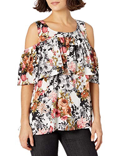 Star Vixen Women's Petite Off/Cold Shoulder Dramatic Ruffle Peasant Top, Light Ground Floral, PXL