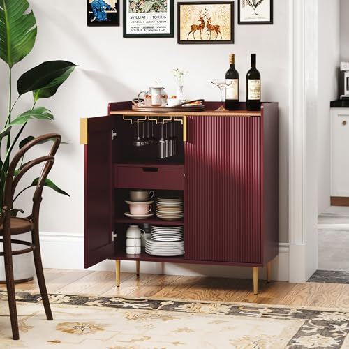 Image of ARTPOWER Coffee Bar Cabinet with Wine Rack&Glass Holder, Red