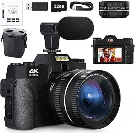 Mo Digital Cameras for Photography, 48MP&4K Vlogging Camera for YouTube, Video Camera with Wide-Angle & Macro Lenses, 16X Digital Zoom, Flip Screen, External Microphone, 32GB TF Card(Black)