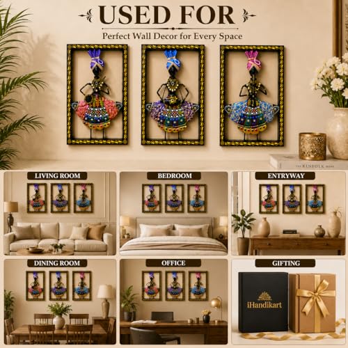 Image of iHandikart Tribal Musician Metal Wall Art Set of 3 | Rajasthani Folk Musician Wall Sculpture | Decorative Iron Wall Hanging for Living Room, Bedroom, Hallway & Office | 11.5 x 8 Inch Each