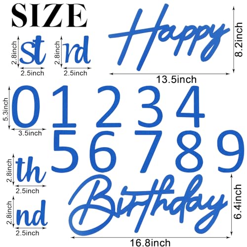 Image of Happy Birthday with 0-9 Numbers Sign for Backdrop - Glitter Felt Custom Age Happy Birthday Decal for Balloon Arch Birthday Decorations Baby Shower - Blue
