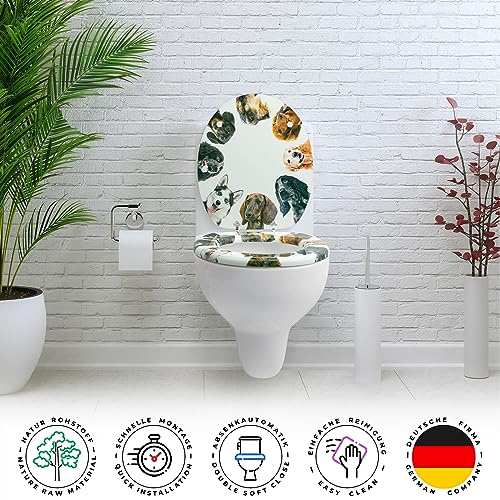 SANFINO® Premium WC Sitz mit Absenkautomatik – hochwertige Toilettendeckel aus Holz, viele bunte Motive, hoher Sitzkomfort, einfache Montage inklusive Montageanleitung – 'Dog Circle'