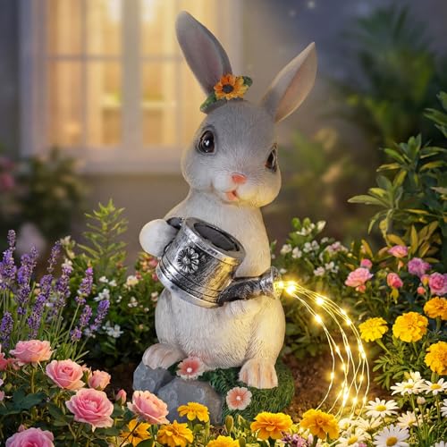 IDEA SHOW Solar Rabbit Garden Statues Outdoor Decor Resin Rabbit Figurine Decorations with Solar Watering Can Light Whimsical Bunny Sculpture for Garden Patio Balcony Yard Lawn Ornament