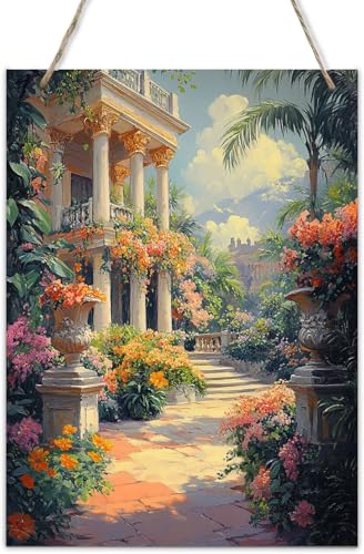 CDSASHCA Mediterranean Villa Columns Floral Urns Palm Trees Wooden Sign Plaque,Distressed Rustic Wood Decor,Sunlit Courtyard Wall Art,Living Room Entryway Hanging,12x8 Inch,
