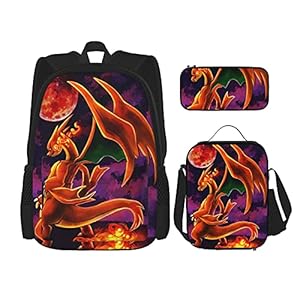 Cha-Rizard Rugzak Unisex driedelige rugzak Set Potlood Box Lunch Bag One Size
