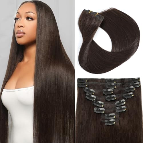 Image of Dark Brown Clip in Hair Extensions Real Human Hair 16inch 8pcs /65g Lightweight Straight Remy Human Hair Clip in Extensions for Women Dark Brown Seamless Human Hair Extensions Clip ins Double Weft