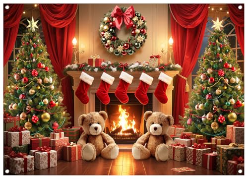 WOLADA Fabric Christmas Fireplace Decoration Banner Photo Backdrop Christmas Tree