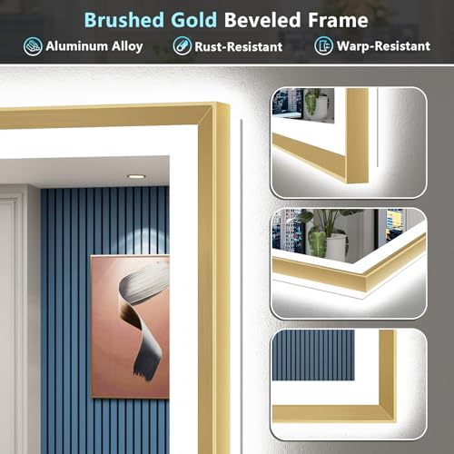 Image of 66x36 Gold Beveled LED Bathroom Mirror Backlit & Front Lit Anti-Fog | Brushed Gold Framed, Anti-Fog Lighted Vanity Mirror, Dimmable, 3-Color Light, Memory, CRI95, HD Tempered Glass, UL Listed