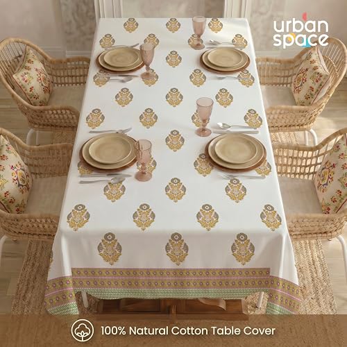 Image of Urban Space 100% Cotton Dining Table Cover 6 Seater, Jaipuri Handblock Cotton Table Cloth for Center Table, Dining Room Table Cover (Size 48 inch x 92 inch - 6 Seater, Amrapali Green)
