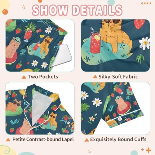 senya Summer Cat Vacation on Beach Satin Summer Pajama Sets Silk Short Sleeve Button Down Sleepwear3