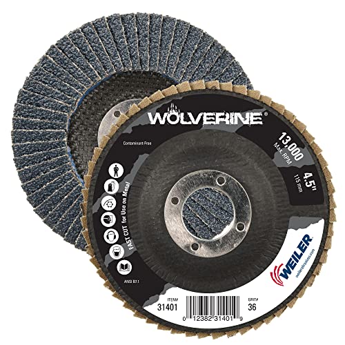 Image of Weiler 31401 Wolverine 4-1 /2 inch x 7 /8 inch Arbor Hole Abrasive Flap Disc, 36 Grit Zirconia Alumina, Flat Type 27, Phenolic Backing, Standard Density (Pack of 10)