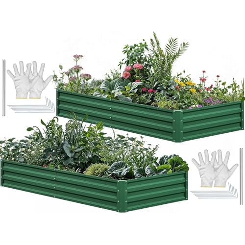 YITAHOME 72x36x12 in 2pcs Galvanized Raised Garden Bed Kit, Large Metal Planter Box with Gloves & Support Rod, Outdoor Flower Bed for Plants Vegetables, Green 6x3x1ft 2pcs Green