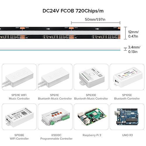 Image of SEZO RGB Smart IC COB LED Strip Lights Addressable WS2811 IC 24ft 720LEDs /m 12mm Width 24V IP30 Color Chasing High Density Uniform FCOB RGB Tape Light for Home Decor DIY(No Adapter & Controller)