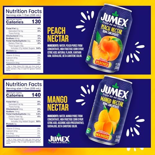 Jumex Mango Nectar Juice & Peach Nectar - Made with Fresh Fruit Puree - Tropical Fruit Juice Concentrate for Smoothie Mix, Cocktail Mixers & Kids Beverages - 11.3oz, 12 Pack Canned Drinks - 1