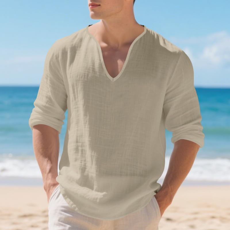 Mens Linen V-Neck Shirts Casual Long Sleeve Hippie Yoga Tops Lightweight Summer Beach Shirt - Image 3