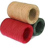 HAMUIERS Raffia Ribbon for Gift Wrapping, 3 Rolls Christmas Ribbon for Craft, Packing Paper Twine Ri