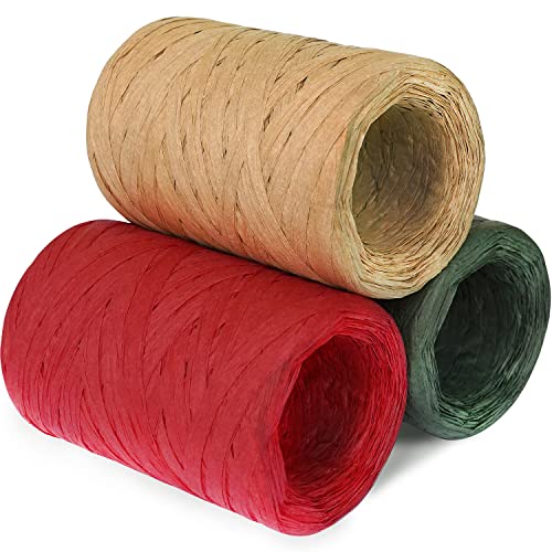 Hamuiers Raffia Ribbon For Gift Wrapping, 3 Rolls Christmas Ribbon For Craft, Packing Paper Twine Ribbon - Red Green Kraft, 1/4'' Wide, 327 Yards #TOP20