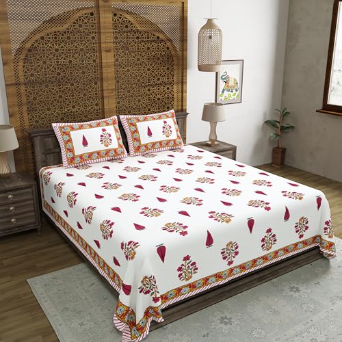 Image of BLOCKS OF INDIA Hand Block Printed 200 TC Cotton King Size Bedsheet | Pink Rose