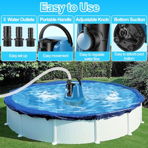 FineBud Submersible Water Pump, Adjustable Flow Sump Pump, Pool Cover Pump Above Ground, Electric Portable Water Removal Pumps, Water Pump for Pool Draining with 10ft Drainage Hose,3 Adapters,950GPH by FineBud - Image 3